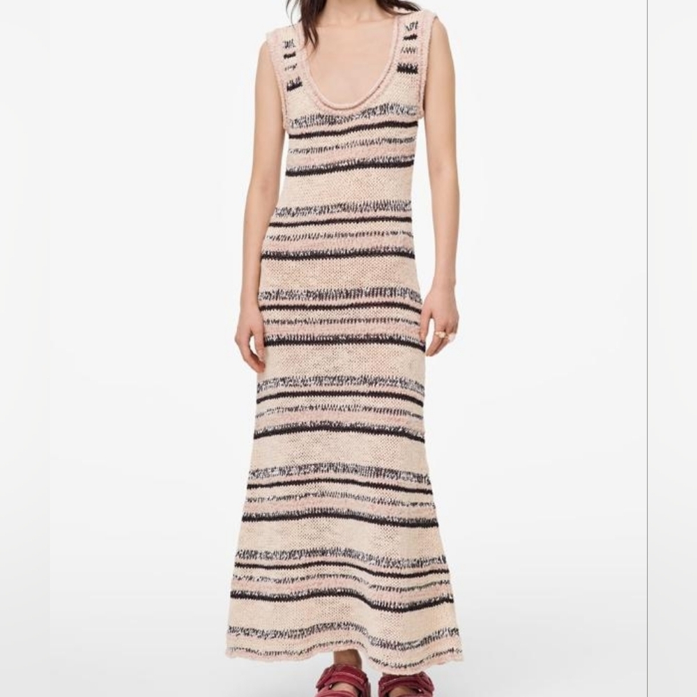 RARE Zara Tan & Black Sleeveless Knit Scoop Neck Striped Maxi Dress Size Small